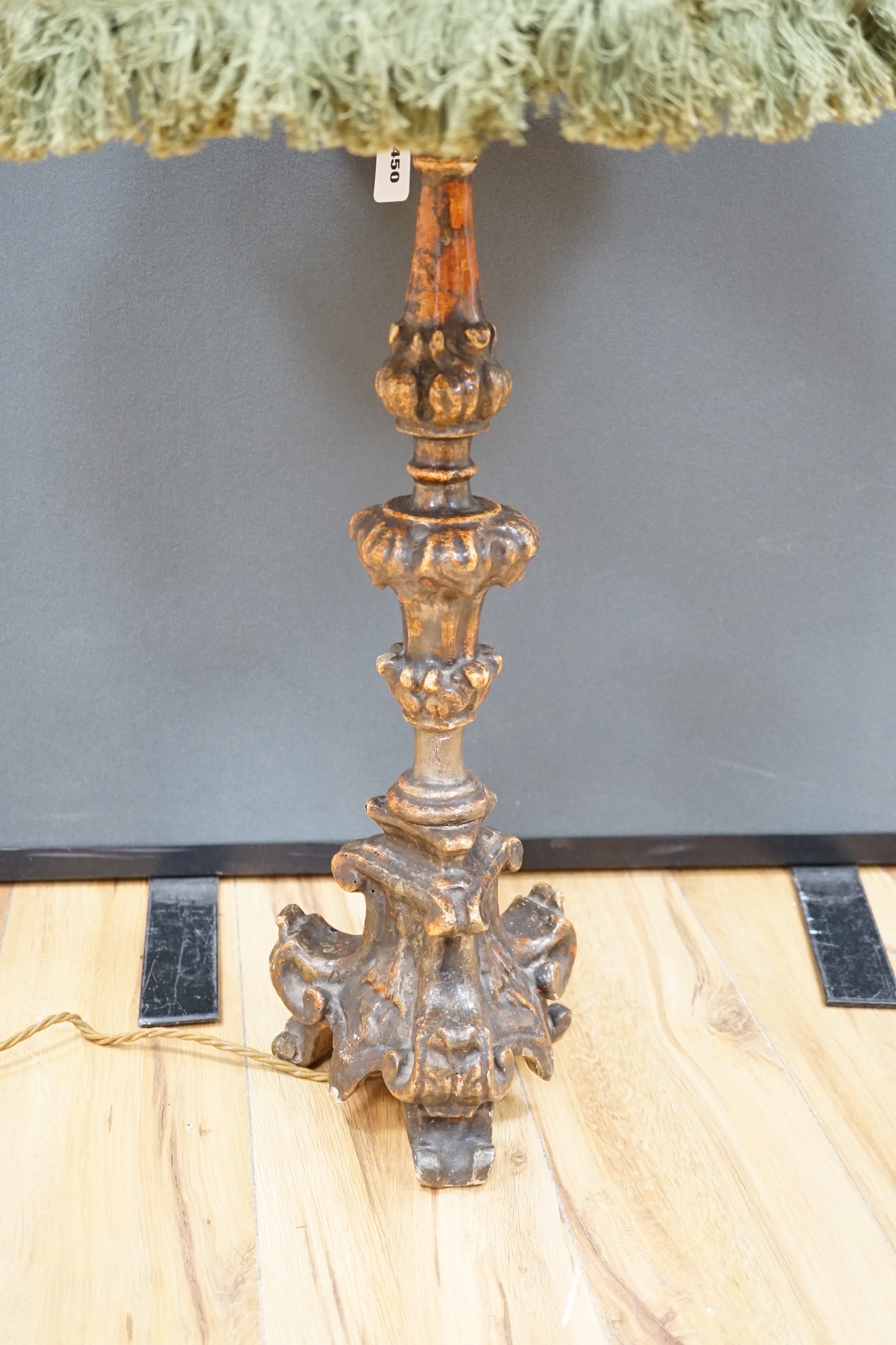 An Italian column lamp with green fabric shade, 88cm high including the shade